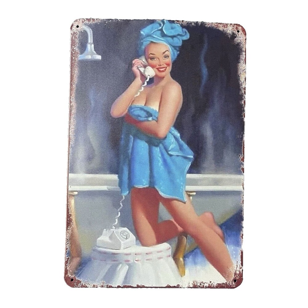 Pin Up Girl Vintage Metal Sign Wall Decor 8" x12" Blue Towel and Telephone